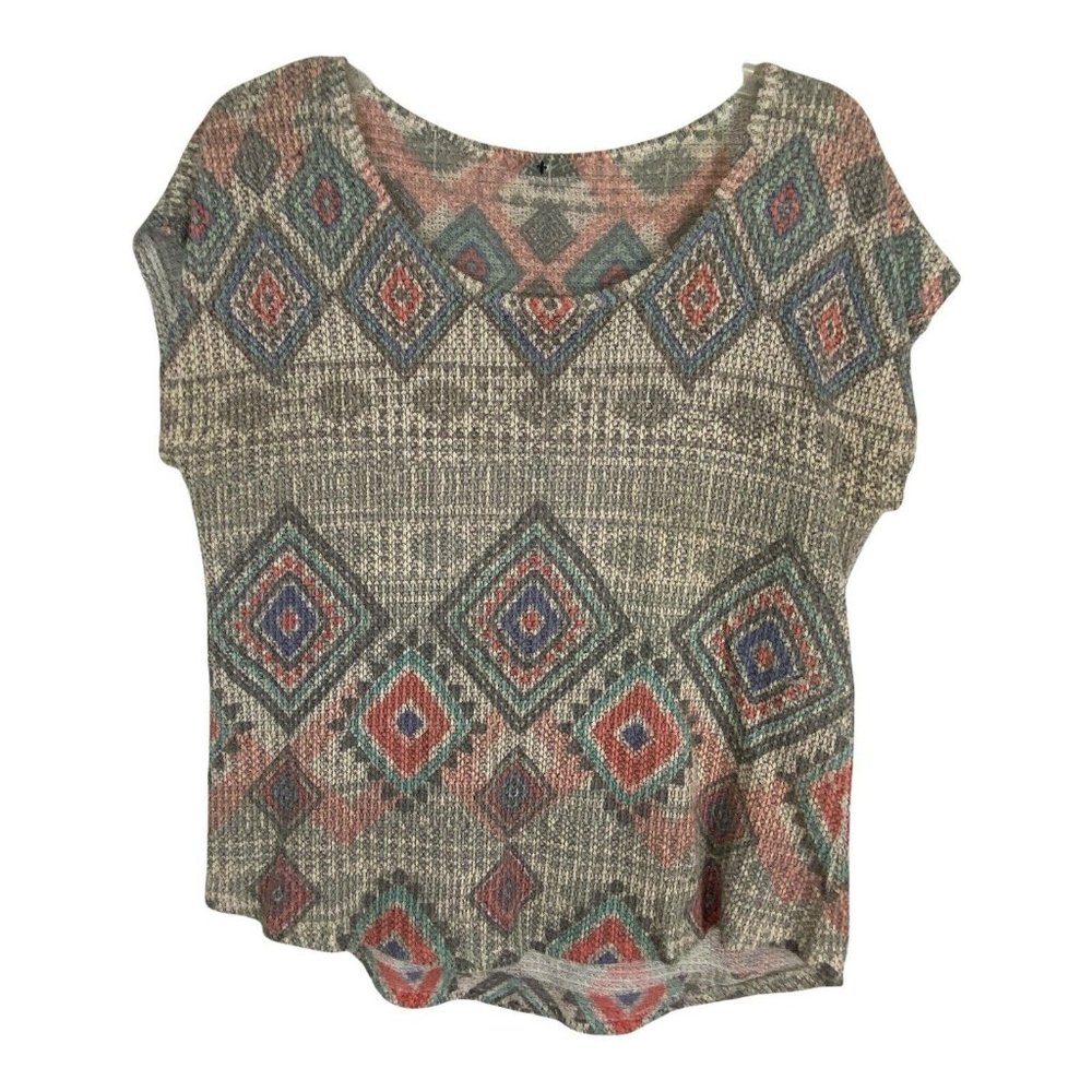 Blu Planet Womens Shirt Size XL Blue Gray Aztec Short Sleeve Knit Stretch Thin